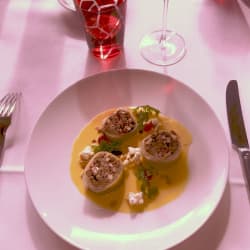 Endive farcie aux cèpes, velouté de maïs au curcuma