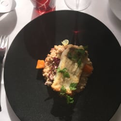 Pavé de lieu jaune meunière, petit épeautre aux raisins frais, butternut grillé