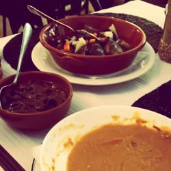 Shrimp soup & abanicos with rice salad and beens