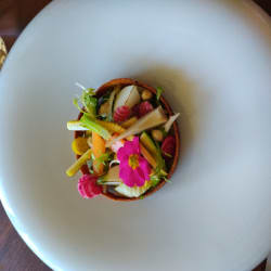 Salada inverno de legumes assados com óleo de trufa e argola de beterraba.