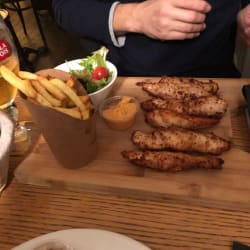 Chicken and French fries. 