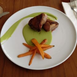 Magret de pato con puré de brócoli y zanahorias