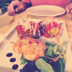 Trio of Starters: shrimp, zucchini flower and aubergine cake